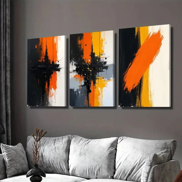 3pcs Abstract Vibrant Orange & Black White Wall Art Set Canvas Framed 50x70cm – High Quality Print 100% Australian Made Wall Canvas Ready to Hang