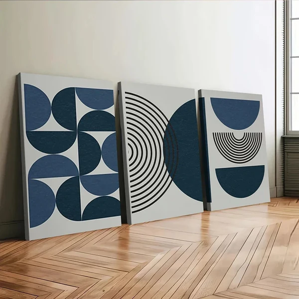 3pcs Navy Blue Bohemian Black Lines Modern Wall Art Set Canvas Framed 50x70cm – High Quality Print 100% Australian Made Wall Canvas Ready to Hang