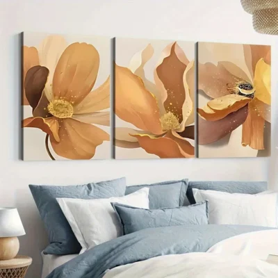 3pcs Abstract Art Floral Elegant Yellow & Gold Wall Art Set Canvas Framed 50x70cm - High Quality Print 100% Australian Made Wall Canvas Ready to Hang