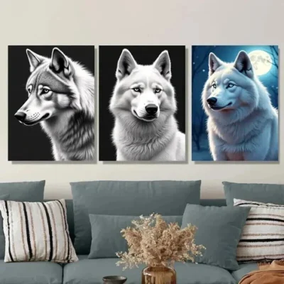 3pcs Black White Wolf with Stunning Blue Eyes Wall Art Set Canvas Framed 50x70cm - High Quality Print 100% Australian Made Wall Canvas Ready to Hang