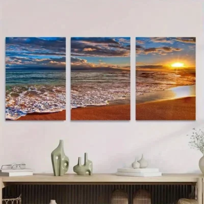 3pcs Beach Sunset Ocean with Sandy Shore Wall Art Set Canvas Framed 40x60cm - High Quality Print 100% Australian Made Wall Canvas Ready to Hang