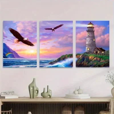 3pcs Sunset Lighthouse & Eagles Triptych Wall Art Set Canvas Framed 40x60cm - High Quality Print 100% Australian Made Wall Canvas Ready to Hang