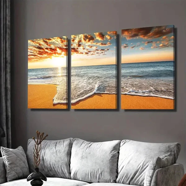 3pcs Beach Sunset Vibrant Sunset Painting Wall Art Set Canvas Framed 40x60cm – High Quality Print 100% Australian Made Wall Canvas Ready to Hang
