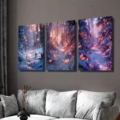 3pcs Glittering Winter Butterfly Snow Forest Wall Art Set Canvas Framed 40x60cm - High Quality Print 100% Australian Made Wall Canvas Ready to Hang