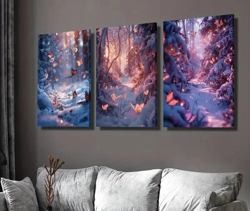 3pcs Glittering Winter Butterfly Snow Forest Wall Art Set Canvas Framed 40x60cm – High Quality Print 100% Australian Made Wall Canvas Ready to Hang