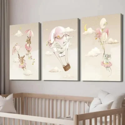 3pcs Swan Rabbit & Mouse on Hot Air Balloon Wall Art Set Canvas Framed 40x60cm - High Quality Print 100% Australian Made Wall Canvas Ready to Hang