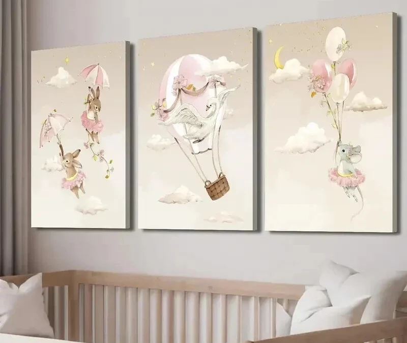 3pcs Swan Rabbit & Mouse on Hot Air Balloon Wall Art Set Canvas Framed 40x60cm – High Quality Print 100% Australian Made Wall Canvas Ready to Hang