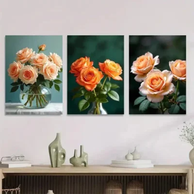 3pcs Beautiful Rose Bouquet Orange Wall Art Set Canvas Framed 40x60cm - High Quality Print 100% Australian Made Wall Canvas Ready to Hang