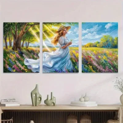 3pcs Elegant Woman in Nature Wildflowers Tree Wall Art Set Canvas Framed 40x60cm - High Quality Print 100% Australian Made Wall Canvas Ready to Hang