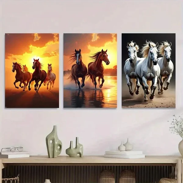 3pcs Galloping Horses Sunset and Beach Scene Wall Art Set Canvas Framed 50x70cm – High Quality Print 100% Australian Made Wall Canvas Ready to Hang