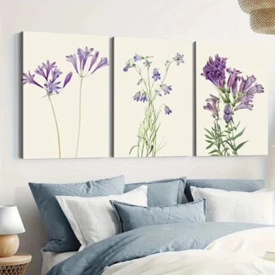 3pcs Purple Botanical Flower Art Green Leaves Wall Art Set Canvas Framed 50x70cm - High Quality Print 100% Australian Made Wall Canvas Ready to Hang