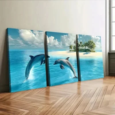 3pcs Dolphin Seascape Blue Sky White Clouds Wall Art Set Canvas Framed 50x70cm - High Quality Print 100% Australian Made Wall Canvas Ready to Hang