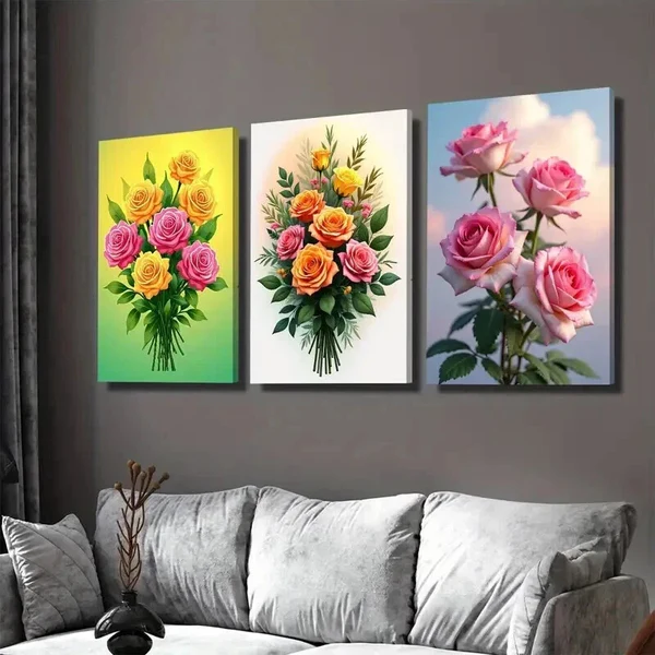3pcs Vibrant Floral Bouquet Elegant Rose & Lily Wall Art Set Canvas Framed 40x60cm – High Quality Print 100% Australian Made Wall Canvas Ready to Hang