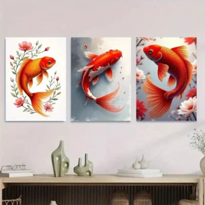 3pcs Vintage Goldfish Elegant Koi Fish Floral Wall Art Set Canvas Framed 50x70cm - High Quality Print 100% Australian Made Wall Canvas Ready to Hang