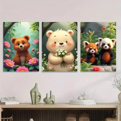 3pcs Charming Forest Friends Cute Bears & Pandas Wall Art Set Canvas Framed 50x70cm - High Quality Print 100% Australian Made Wall Canvas Ready to Hang