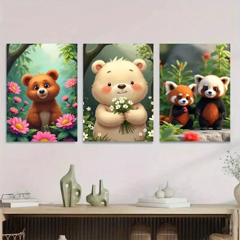 3pcs Charming Forest Friends Cute Bears & Pandas Wall Art Set Canvas Framed 50x70cm – High Quality Print 100% Australian Made Wall Canvas Ready to Hang