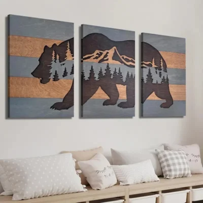 3pcs Woodcut Style Tree Forest Bear Wall Art Set Canvas Framed 40x60cm - High Quality Print 100% Australian Made Wall Canvas Ready to Hang