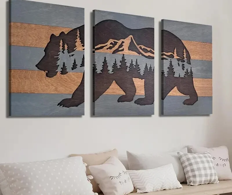 3pcs Woodcut Style Tree Forest Bear Wall Art Set Canvas Framed 40x60cm – High Quality Print 100% Australian Made Wall Canvas Ready to Hang
