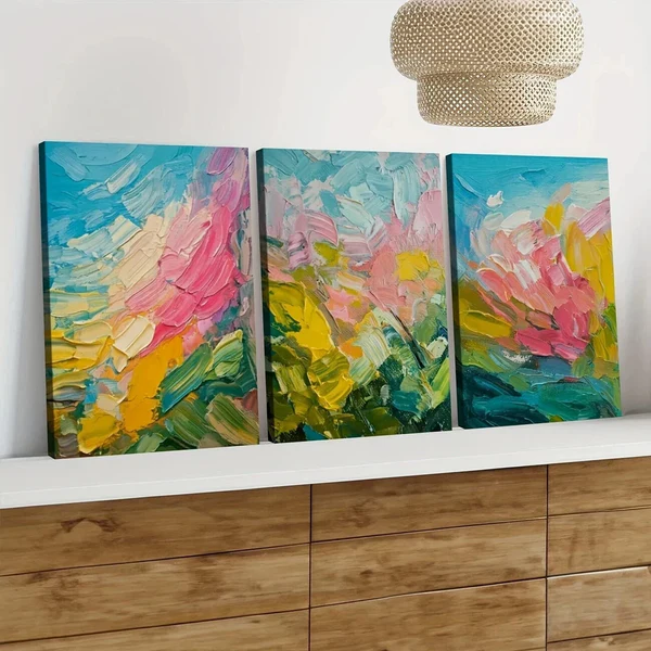 3pcs Abstract Art Blue Pink Yellow Nature Wall Art Set Canvas Framed 50x70cm – High Quality Print 100% Australian Made Wall Canvas Ready to Hang
