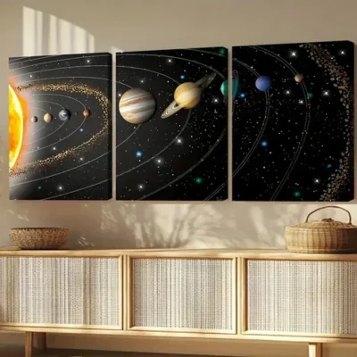 3pcs Modern Cosmic Art Black Line & Space Sun Wall Art Set Canvas Framed 50x70cm - High Quality Print 100% Australian Made Wall Canvas Ready to Hang