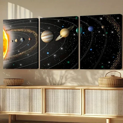 3pcs Modern Cosmic Art Black Line & Space Sun Wall Art Set Canvas Framed 40x60cm – High Quality Print 100% Australian Made Wall Canvas Ready to Hang