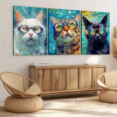 3pcs Cat Swimming White Orange & Black Cats Wall Art Set Canvas Framed 50x70cm - High Quality Print 100% Australian Made Wall Canvas Ready to Hang