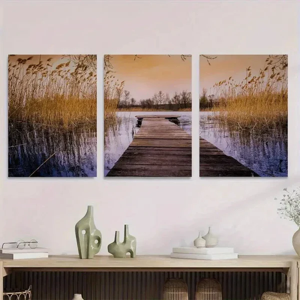 3pcs Scenic Lake Sunset Triptych paintings Wall Art Set Canvas Framed 40x60cm – High Quality Print 100% Australian Made Wall Canvas Ready to Hang