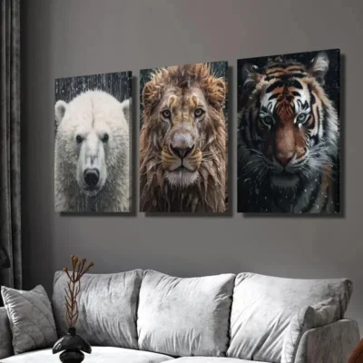 3pcs Polar Bear Lion & Tiger in Rainy Weather Wall Art Set Canvas Framed 40x60cm - High Quality Print 100% Australian Made Wall Canvas Ready to Hang