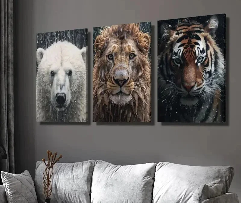 3pcs Polar Bear Lion & Tiger in Rainy Weather Wall Art Set Canvas Framed 40x60cm – High Quality Print 100% Australian Made Wall Canvas Ready to Hang