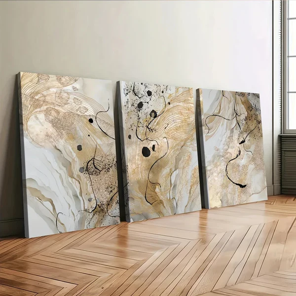 3pcs Golden Marble Abstract Golden Black Lines Wall Art Set Canvas Framed 50x70cm – High Quality Print 100% Australian Made Wall Canvas Ready to Hang
