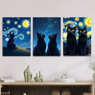 3pcs Starry Night Black Cats Yellow Swirls Wall Art Set Canvas Framed 50x70cm - High Quality Print 100% Australian Made Wall Canvas Ready to Hang