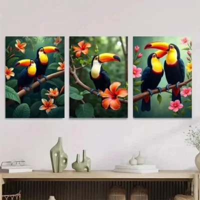3pcs Colorful Bird and Floral Vibrant Tropical Wall Art Set Canvas Framed 50x70cm - High Quality Print 100% Australian Made Wall Canvas Ready to Hang