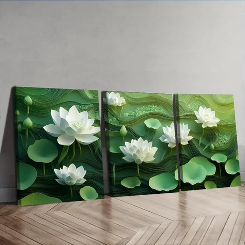 3pcs White Lotus Flower Wall Art Set Canvas Framed 40x60cm – High Quality Print 100% Australian Made Wall Canvas Ready to Hang