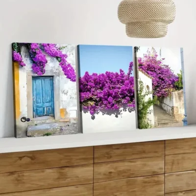 3pcs Portuguese Purple Florals Green Leaves Wall Art Set Canvas Framed 50x70cm - High Quality Print 100% Australian Made Wall Canvas Ready to Hang