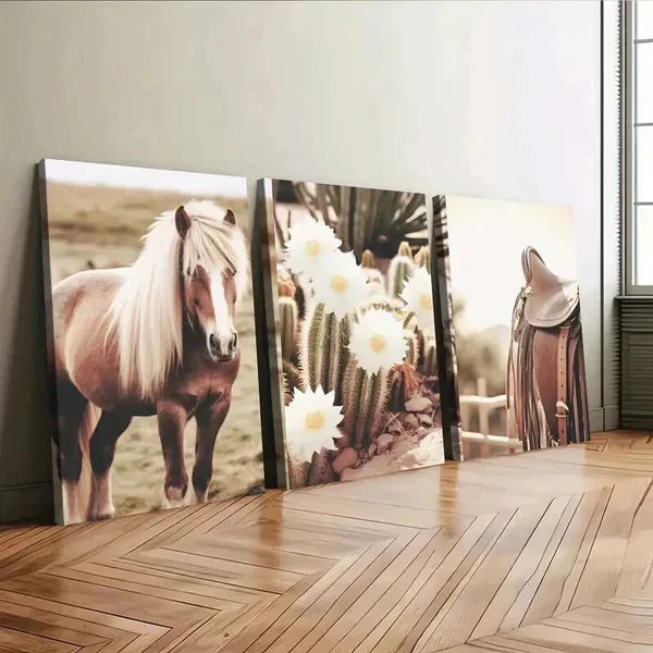 3pcs Rustic Cowboy Farmhouse Horse and Cactus Wall Art Set Canvas Framed 50x70cm – High Quality Print 100% Australian Made Wall Canvas Ready to Hang