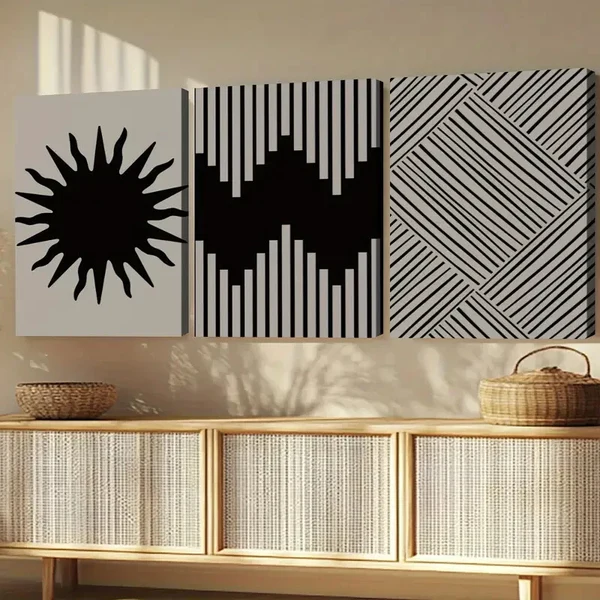 3pcs Abstract Modern Paintings Black Lines White Wall Art Set Canvas Framed 40x60cm – High Quality Print 100% Australian Made Wall Canvas Ready to Hang