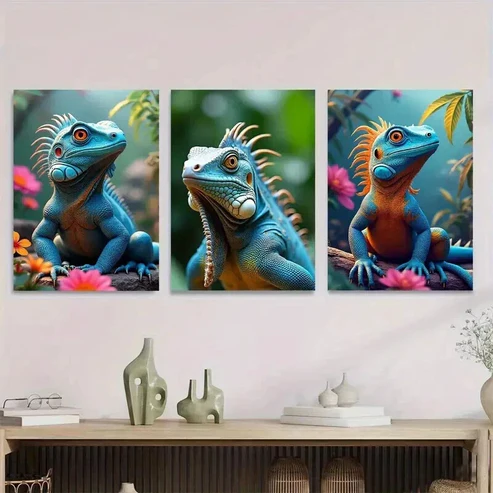 3pcs Vibrant Blue Iguana Nature Scene Flowers Wall Art Set Canvas Framed 50x70cm – High Quality Print 100% Australian Made Wall Canvas Ready to Hang