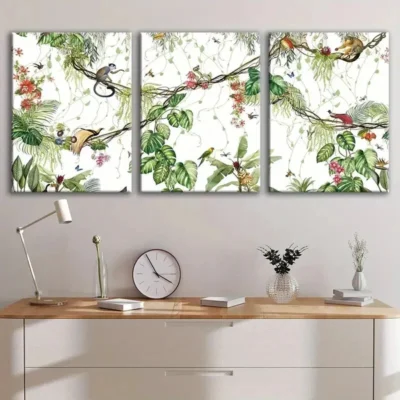 3pcs Tropical Forest Wildlife Monkey Green Leaf Wall Art Set Canvas Framed 50x70cm - High Quality Print 100% Australian Made Wall Canvas Ready to Hang