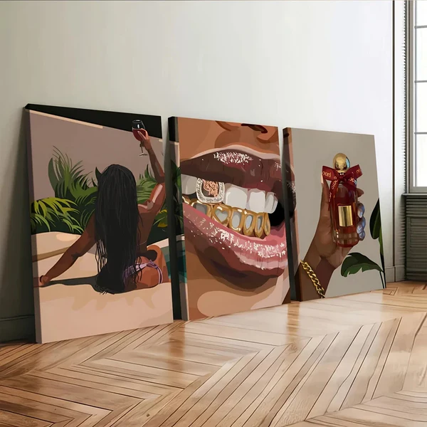 3pcs Woman Art Black Girl Green Leaves Red Gold Wall Art Set Canvas Framed 50x70cm – High Quality Print 100% Australian Made Wall Canvas Ready to Hang