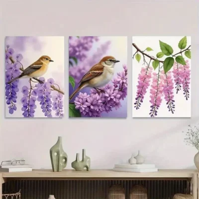 3pcs Beautiful Bird and Flower Purple Floral Wall Art Set Canvas Framed 40x60cm - High Quality Print 100% Australian Made Wall Canvas Ready to Hang
