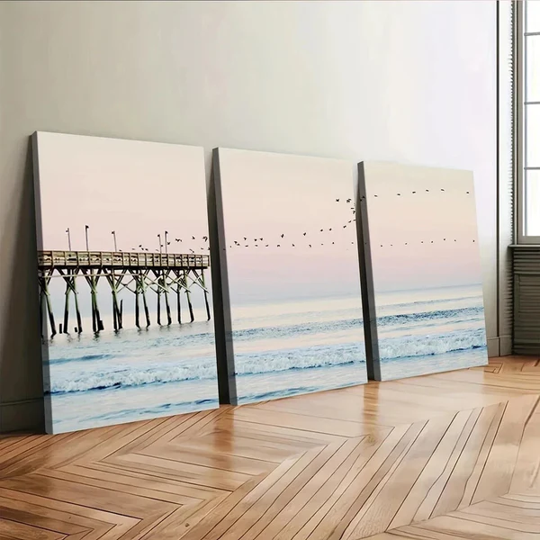 3pcs California Ocean Blush Pink Coastal Beach Wall Art Set Canvas Framed 50x70cm – High Quality Print 100% Australian Made Wall Canvas Ready to Hang