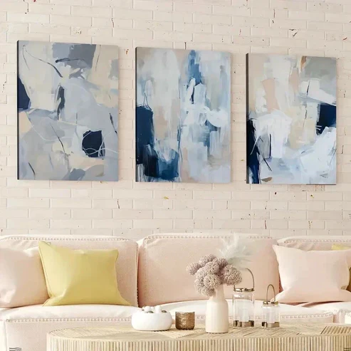 3pcs Abstract Brush Stroke Geometric Modern Blue Wall Art Set Canvas Framed 50x70cm – High Quality Print 100% Australian Made Wall Canvas Ready to Hang