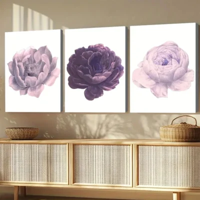 3pcs Purple Flower Elegant Art White Light Rose Wall Art Set Canvas Framed 50x70cm - High Quality Print 100% Australian Made Wall Canvas Ready to Hang