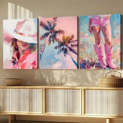 3pcs Palm Summer Cowgirl Girly Trendy Dorm Wall Art Set Canvas Framed 50x70cm - High Quality Print 100% Australian Made Wall Canvas Ready to Hang