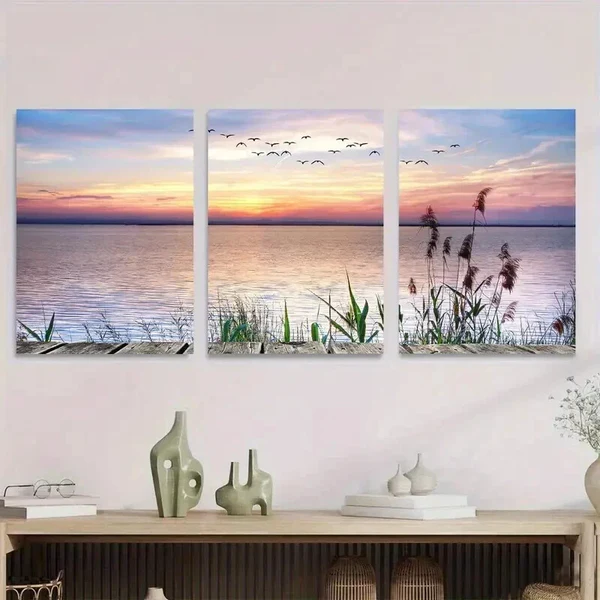 3pcs Beautiful Sunset Lake Serene Water & Ducks Wall Art Set Canvas Framed 40x60cm – High Quality Print 100% Australian Made Wall Canvas Ready to Hang
