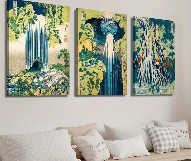 3pcs Vintage Japanese Hokusai Landscape Wall Art Set Canvas Framed 40x60cm – High Quality Print 100% Australian Made Wall Canvas Ready to Hang