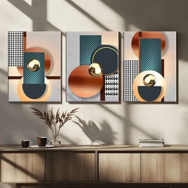 3pcs Vibrant Fantasy Modern Gold & Blue Rounds Wall Art Set Canvas Framed 50x70cm – High Quality Print 100% Australian Made Wall Canvas Ready to Hang