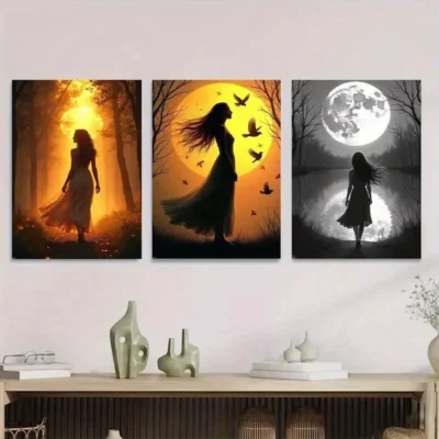 3pcs Sunset, Moonlight & Silhouette Classic Girl Wall Art Set Canvas Framed 50x70cm - High Quality Print 100% Australian Made Wall Canvas Ready to Hang
