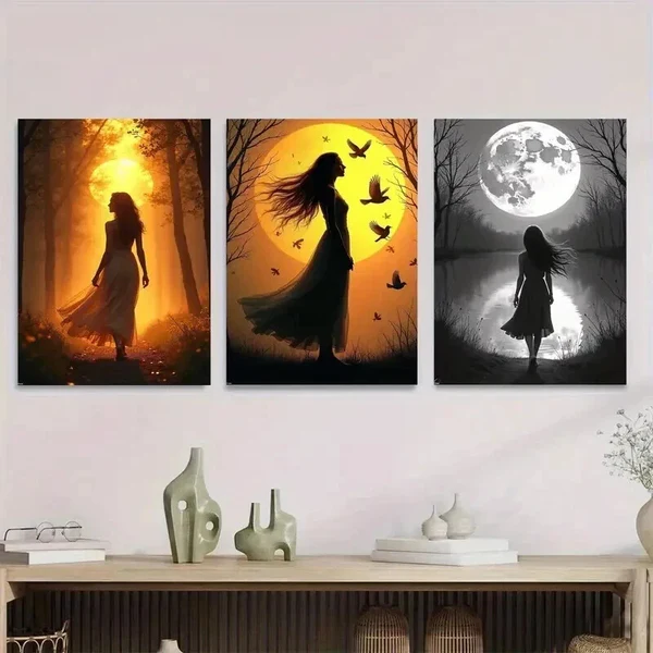 3pcs Sunset, Moonlight & Silhouette Classic Girl Wall Art Set Canvas Framed 50x70cm – High Quality Print 100% Australian Made Wall Canvas Ready to Hang