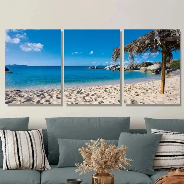 3pcs Beach Paradise Triptych Palm Trees Wall Art Set Canvas Framed 50x70cm – High Quality Print 100% Australian Made Wall Canvas Ready to Hang